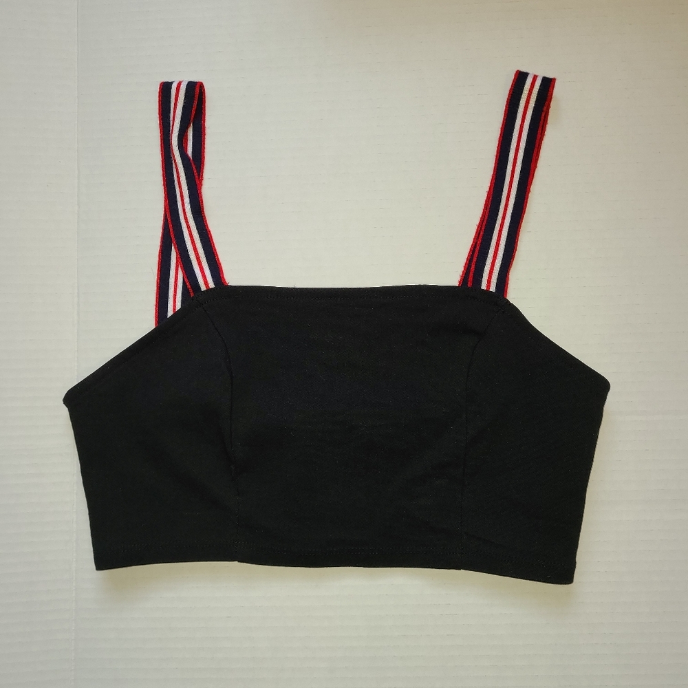 Urban Outfitters Black Canvas Crop Top Bralette Red Striped Tank Sleeves Size M